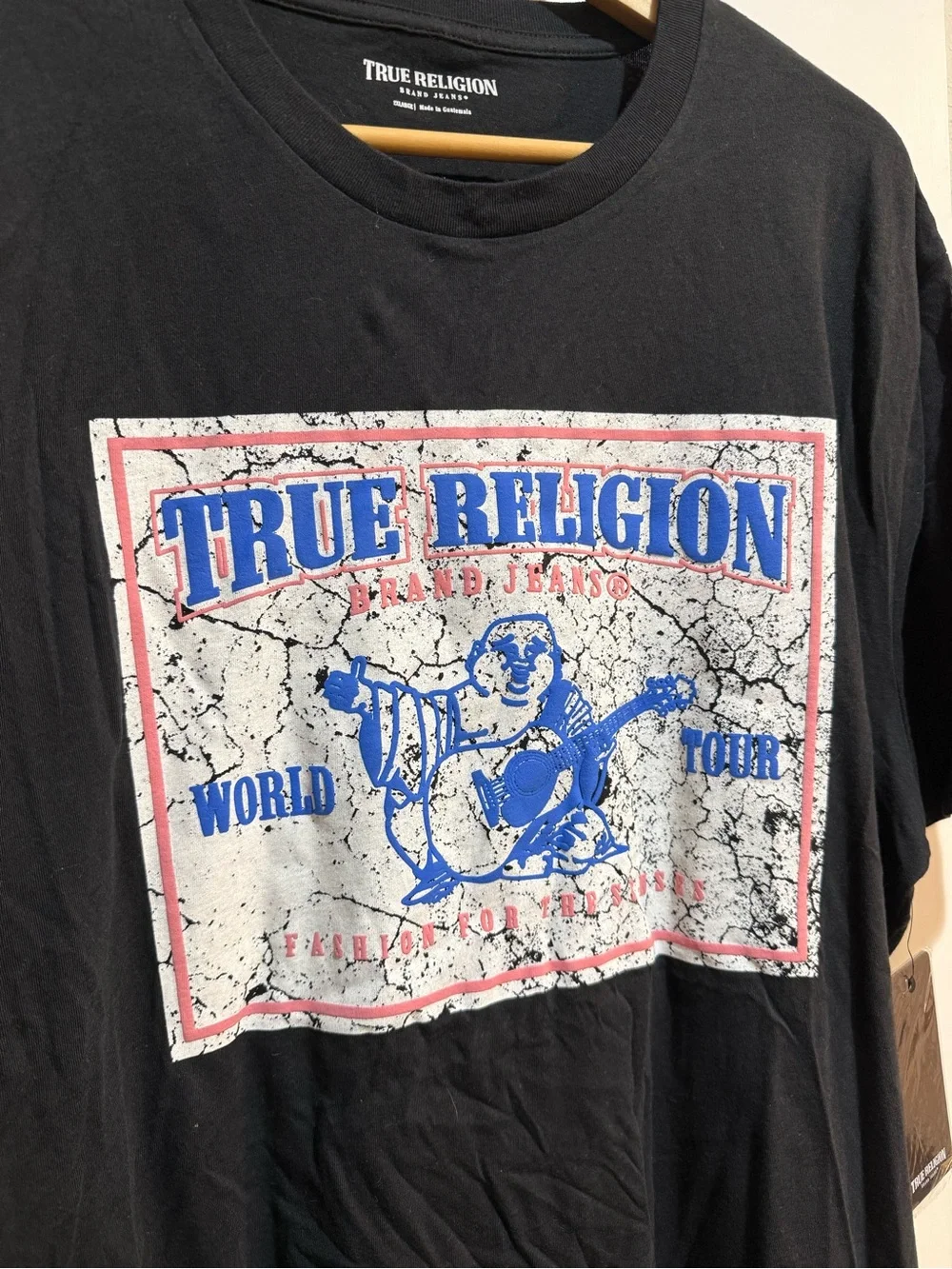 True Religion Black Short-Sleeve Logo Graphic Tee with Blue & White Print